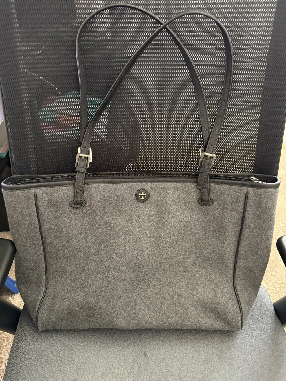 Tory Burch Gray Felt Tote with Black Leather Trim